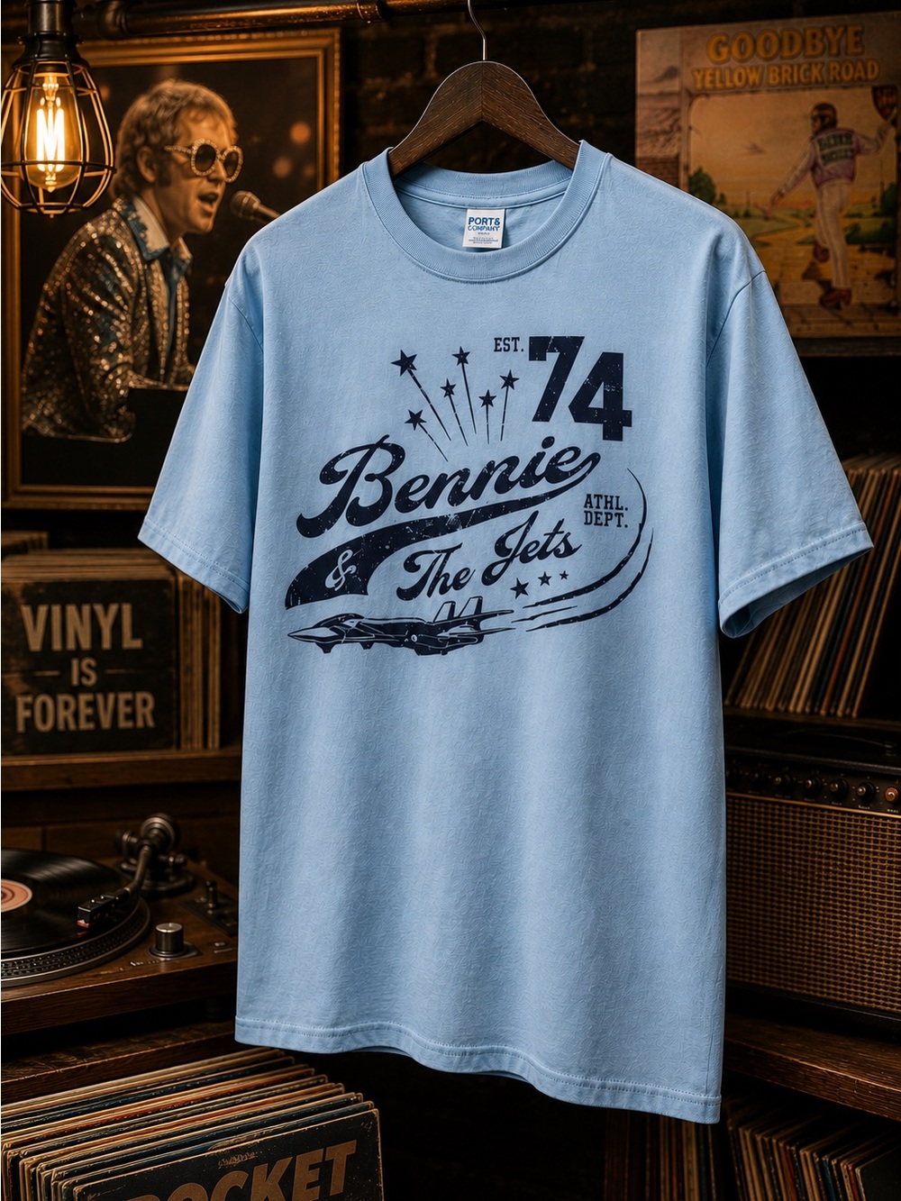 Bennie & The Jets Graphic Tee Blue Retro Varsity T-Shirt Unisex L
